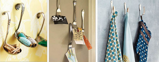 Reuse old utensils as wall hooks.
