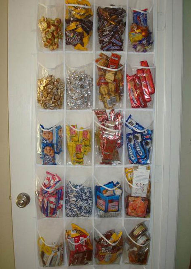 Store food or other items from your pantry in an old door shoe rack.
