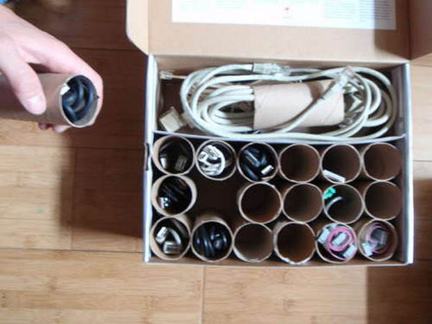 Recycle paper tubes and use them to organize your wires and cables.