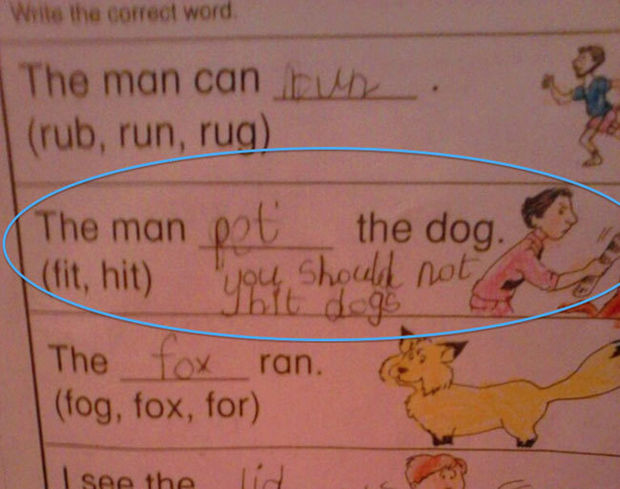 29 Funny Test Answers - The man pet the dog.