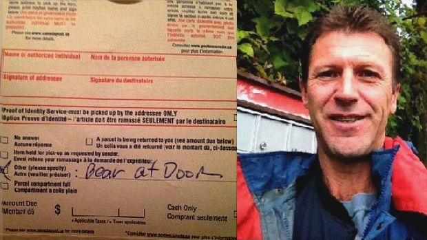 Canada Post letter carrier, Ken Brassington, checked the 'Other' box and wrote 'Bear at door' on the delivery slip.