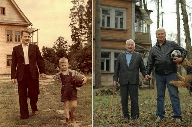 29 Powerful Pictures - Before and after photo of father and son (1949 vs 2009).