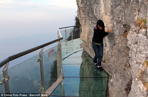 Glass Bridge in China - I think she can't wait to get to solid ground!