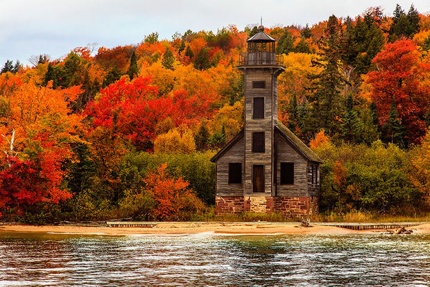 Fall colors at Grand Island East Channel Light House - Michigan, USA.