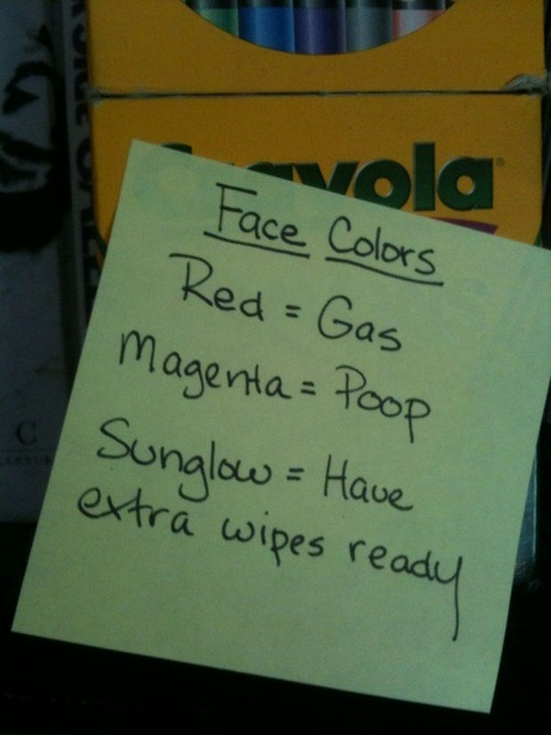 Stay-at-Home Dad Writes Funny Post-It Notes - Face colors: Red = gas, magenta = poop, sunglow = have extra wipes ready.