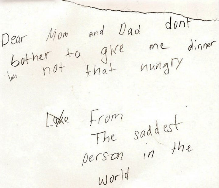 19 Clever Kids - This little girl wrote a letter to her parents after she was sent to her room for bad behavior. Note how she crossed out 'Love', she's REALLY sad.