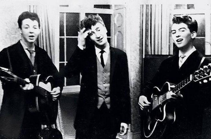 Paul McCartney, John Lennon, and George Harrison performing at a wedding reception in 1958.