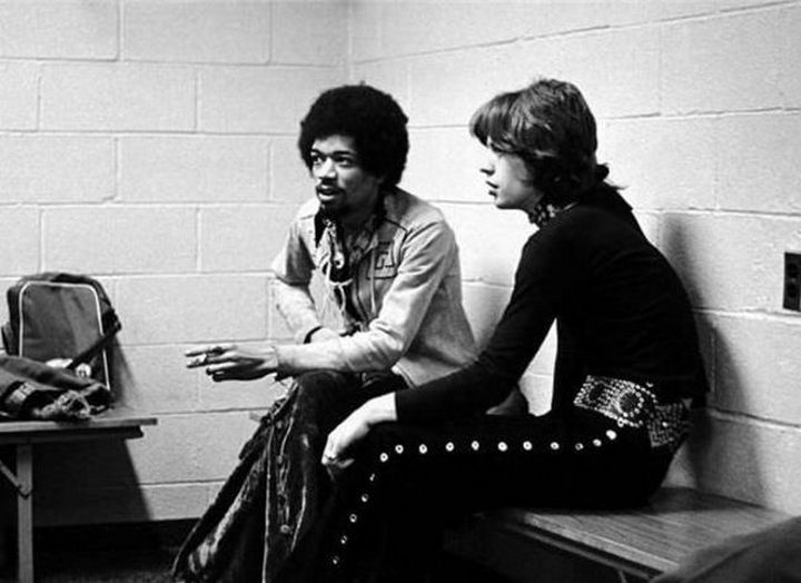 Jimi Hendrix and Mick Jagger backstage at Madison Square Garden in 1969.
