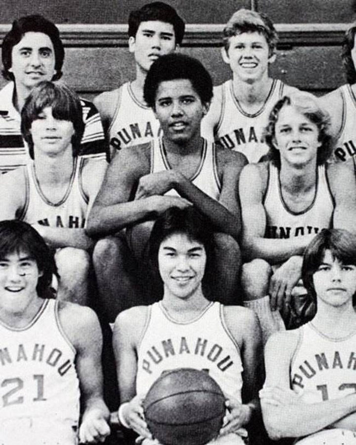 Barack Obama pictured with his basketball teammates at Punahou School in Honolulu, Hawaii.