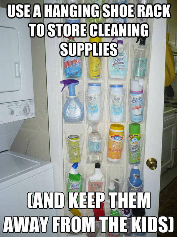 52 Cleaning and Life Hacks - Use a hanging shoe rack to store cleaning supplies.