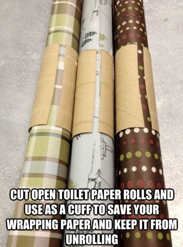52 Cleaning and Life Hacks - Cut open toilet paper rolls and use as a cuff to save your wrapping paper and keep it from unrolling.