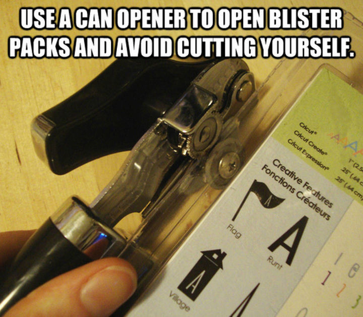 52 Cleaning and Life Hacks - Use a can opener to open blister packs and avoid cutting yourself.