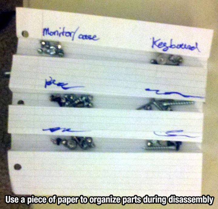 52 Cleaning and Life Hacks - Use a piece of paper to organize parts during disassembly.