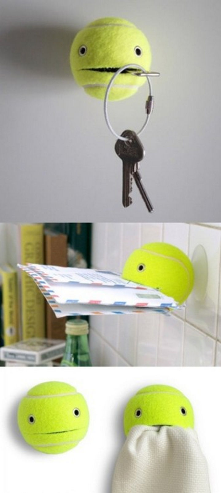 52 Cleaning and Life Hacks - Create a unique key holder using a tennis ball and a suction cup.