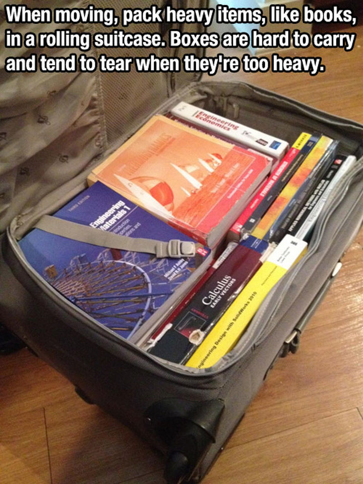 52 Cleaning and Life Hacks - When moving, pack heavy items, like books, in a rolling suitcase. Boxes are hard to carry and tend to tear when they're too heavy.