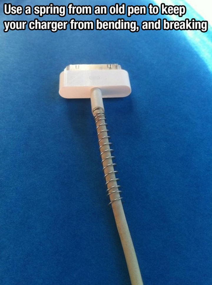 52 Cleaning and Life Hacks - Use a spring from an old pen to keep your charger from bending, and breaking.