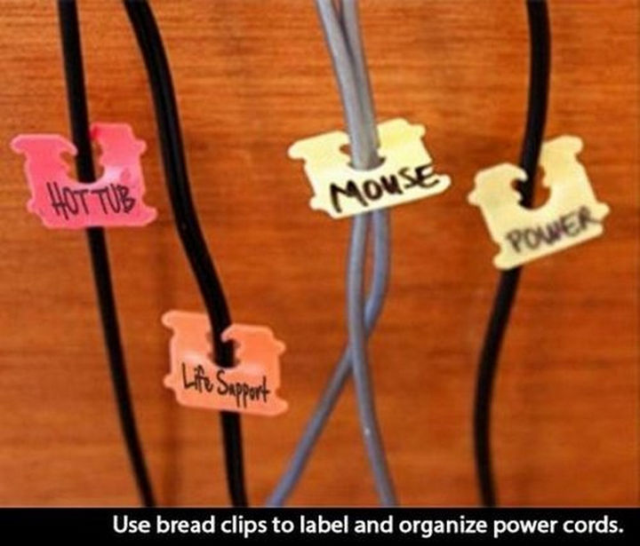 52 Cleaning and Life Hacks - Use bread clips to label and organize power cords.