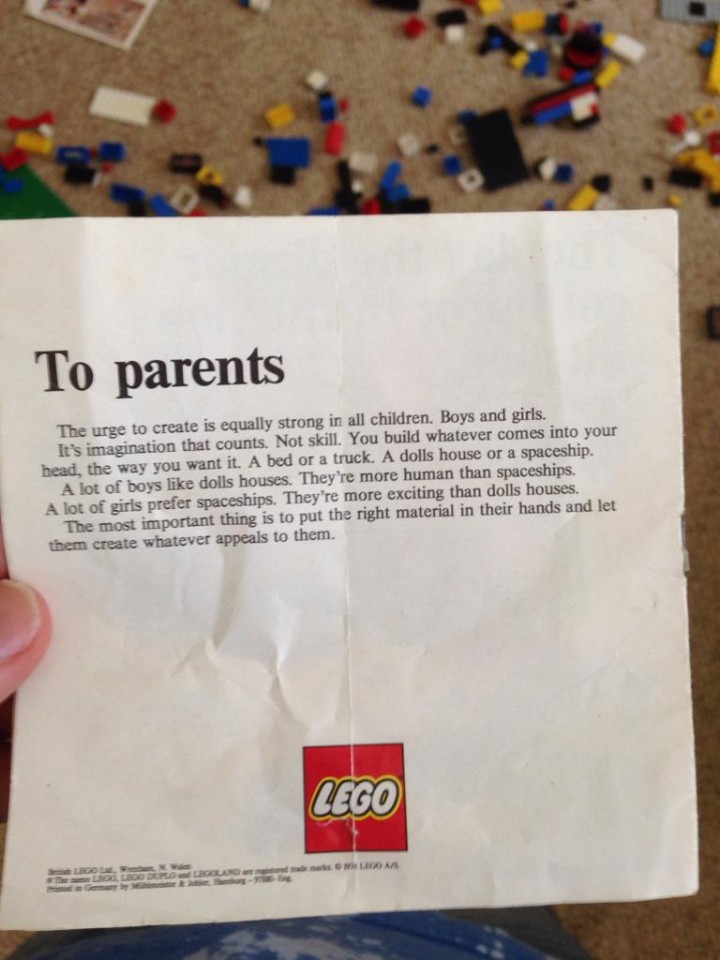 Lego included this letter in doll house play sets in 1974 to encourage boys and girls to build what they want.