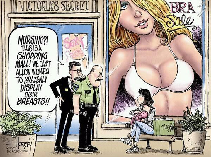 Nursing?! This is a shopping mall! We can't allow women to brazenly display their breasts!!