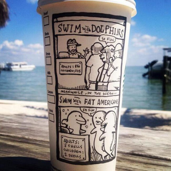 Starbucks Cup Drawings by Josh Hara - Swim with Dolphins.