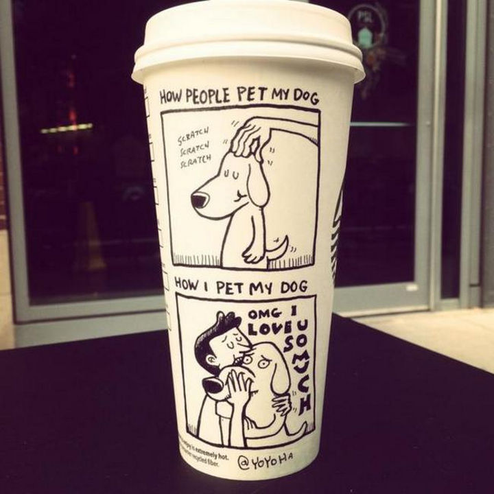 Starbucks Cup Drawings by Josh Hara - How people pet my dog...Scratch, scratch, scratch.