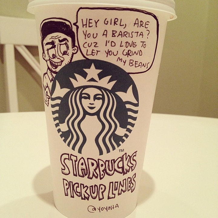 Starbucks Cup Drawings by Josh Hara - Starbucks pickup lines.
