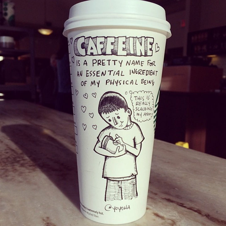 Starbucks Cup Drawings by Josh Hara - Caffeine is a pretty name for an essential ingredient of my physical being.