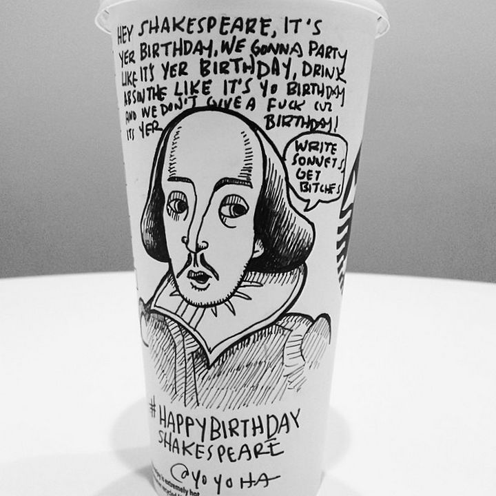 Starbucks Cup Drawings by Josh Hara - Happy Birthday Shakespeare.