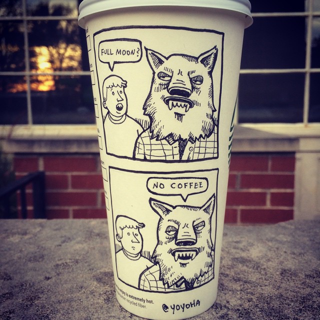 Starbucks Cup Drawings by Josh Hara - Full moon? No coffee.