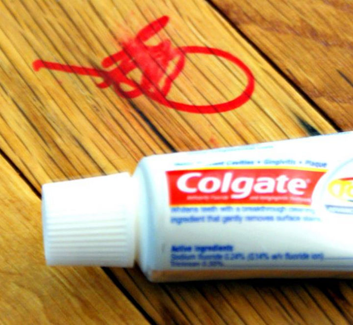16 Cleaning Tips and Hacks - Use toothpaste for permanent marker removal on your hardwood floors.