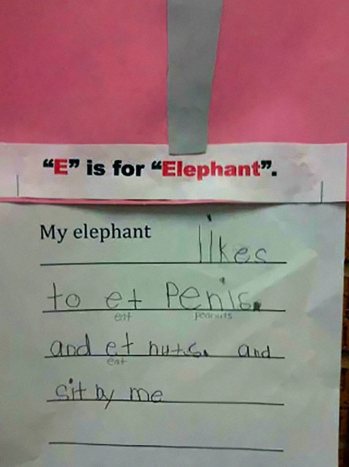 18 Funny Spelling Mistakes - "My elephant likes to eat PEANUTS and eat nuts and sit by me?"