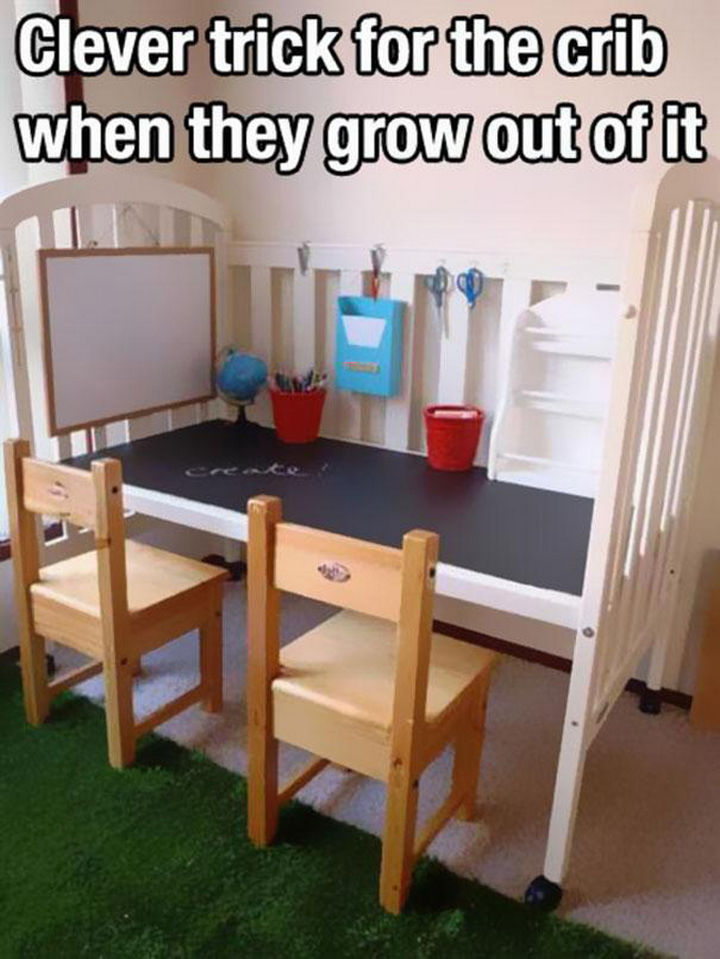 24 Life Hacks for Kids - Repurpose their old crib and create a drawing station they'll love.
