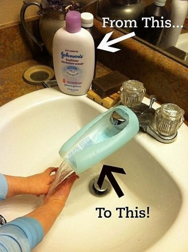 24 Life Hacks for Kids - Use an old lotion bottle to make a fun DIY waterfall faucet if your children don't yet reach the sink.