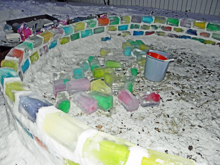 The ice blocks made from the frozen milk cartons are perfect to work with because they are all the same size.