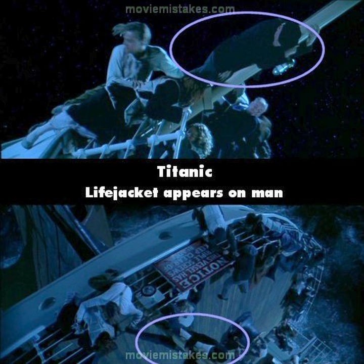20 Titanic Movie Mistakes - Lifejacket appears on man.