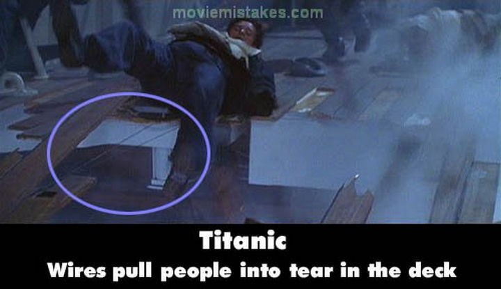 20 Titanic Movie Mistakes - Wires pull people into tear in the deck.