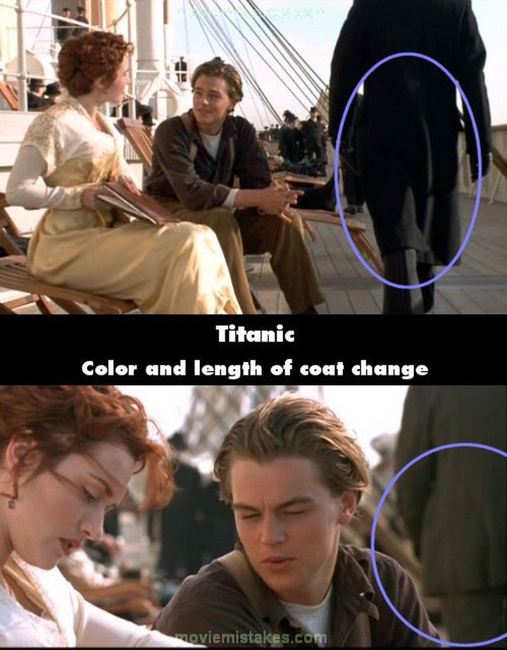 20 Titanic Movie Mistakes - Color and length of coat change.