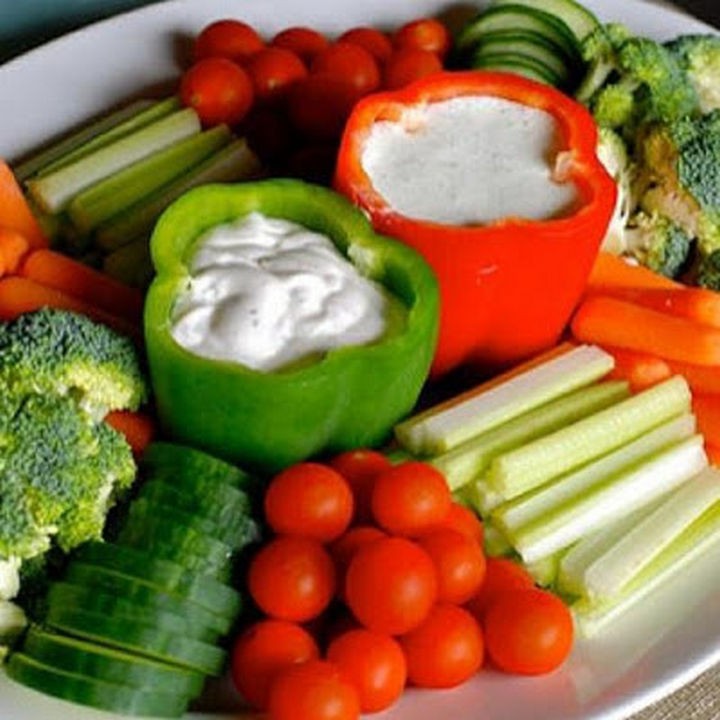 16 Party Hacks - Use hollowed out vegetables like red and green peppers to hold dips.