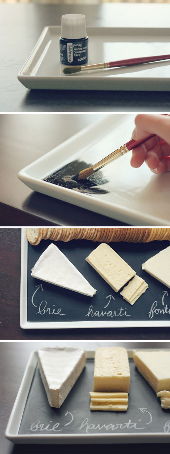 16 Party Hacks - Make a DIY chalkboard serving platter for cheese or other snacks.