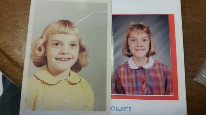 28 Identical Parent and Child Photos - Mother and daughter in 1st grade class photo.