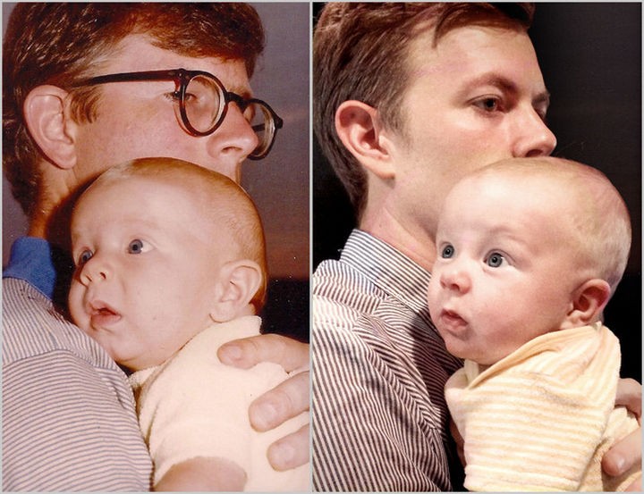28 Identical Parent and Child Photos - Father and son in 1983 and recreated again in 2014.