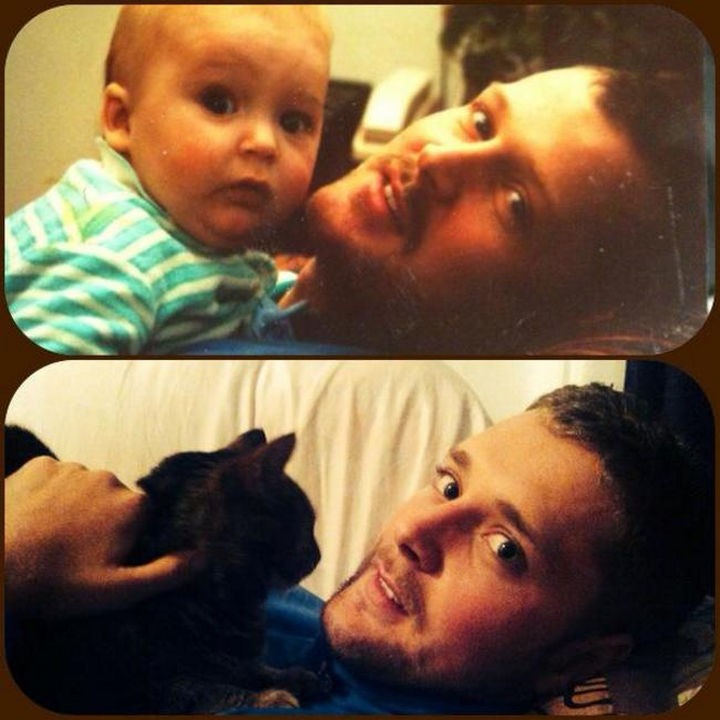 28 Identical Parent and Child Photos - Father and son. Son recreates photo with is adorable cat.