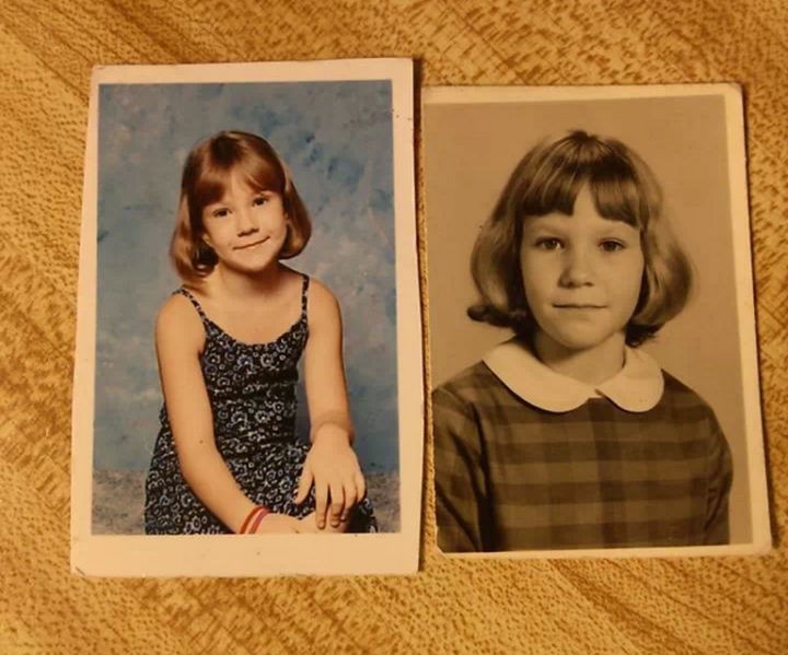 28 Identical Parent and Child Photos - Daughter in 2nd grade and her mother in the 3rd grade.