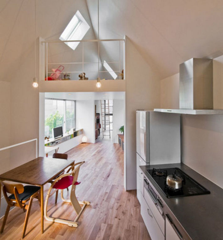 Small House Design in Japan - From the kitchen, you get a great view of the loft and the living room.