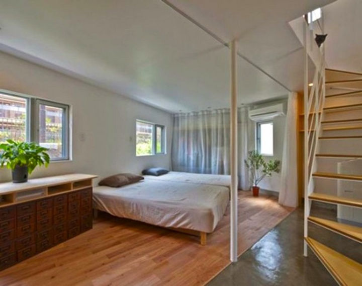 Small House Design in Japan - The bedrooms are an open area but separated from the living area.