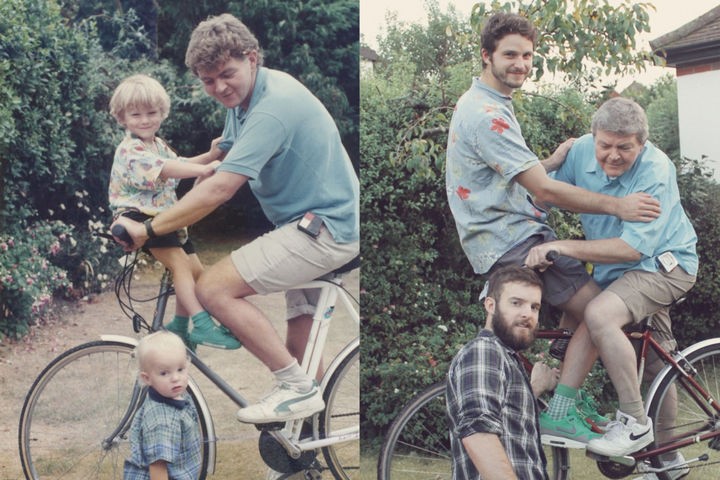 The Luxton brothers riding a bicycle with Uncle Dave.
