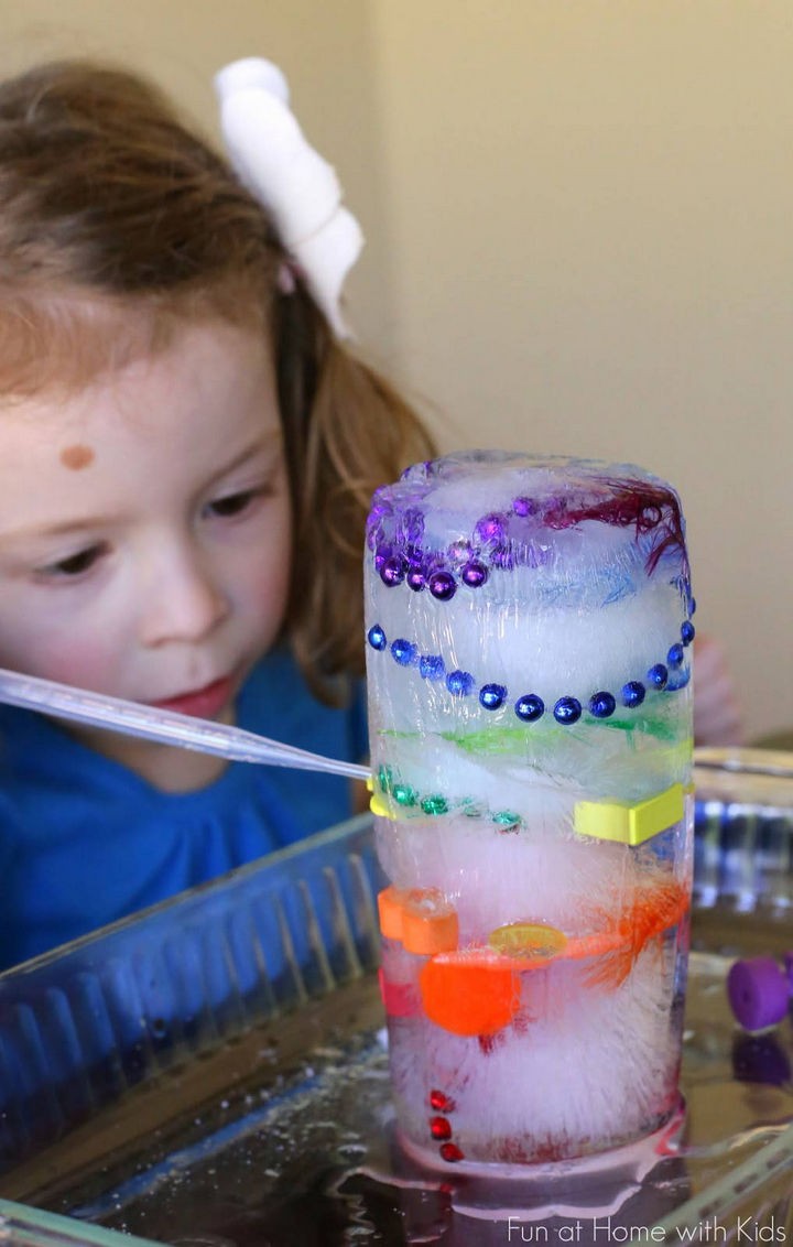 Activities for kids where they'll have fun excavating items frozen in a rainbow ice tower.