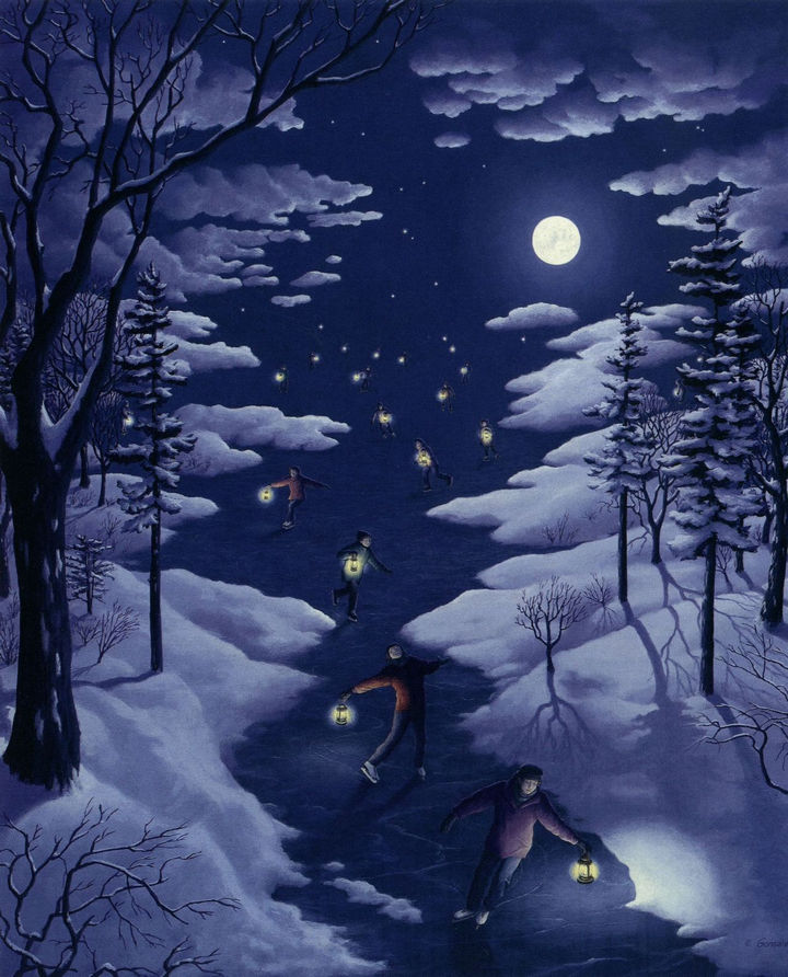 Rob Gonsalves Paintings - Nocturnal Skating.