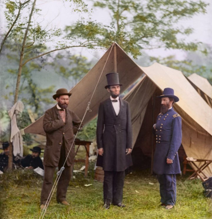 58 Colorized Photos from the Past - Allan Pinkerton, President Lincoln, and Maj. Gen. John A. McClernand at Antietam in 1862.