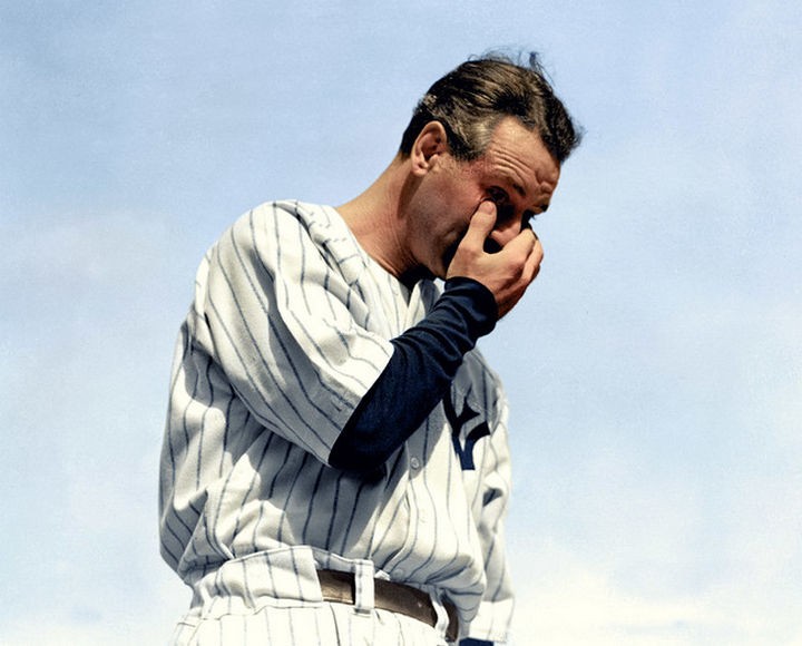 58 Colorized Photos from the Past - Lou Gehrig, diagnosed with ALS, is emotional after retirement speech on July 4, 1939.